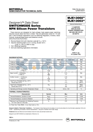 MJE13002 datasheet - 1.5 AMPERE NPN SILICON POWER TRANSISTORS 300 AND 400 VOLTS 40 WATTS