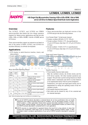 LC5824 datasheet - 4-Bit Single-Chip Microcontrollers Featuring 4 KB to 8 KB of ROM, 1 Kbit of RAM, and an LCD Driver for Medium Speed Small-Scale Control Applications