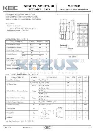 MJE13007 datasheet - TRIPLE DIFFUSED NPN TRANSISTOR