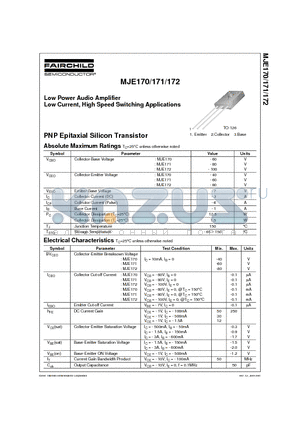 MJE170 datasheet - Low Power Audio Amplifier Low Current, High Speed Switching Applications