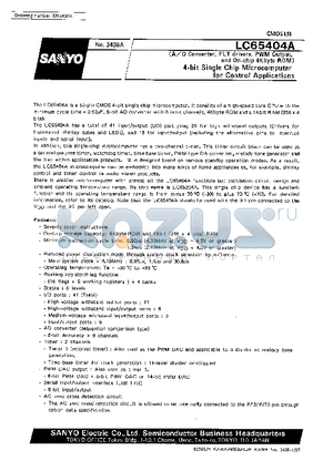 LC65404A datasheet - 4-BIT Single Chip MICROCOMPUTER FOR CONTROL APPLICATIONS