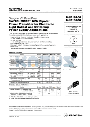 MJE18206 datasheet - POWER TRANSISTORS 8 AMPERES 1200 VOLTS 40 and 100 WATTS