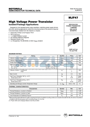 MJF47 datasheet - NPN SILICON POWER TRANSISTOR 1 AMPERE 250 VOLTS 28 WATTS