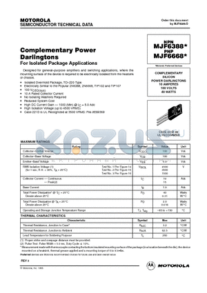 MJF6388 datasheet - COMPLEMENTARY SILICON POWER DARLINGTONS 10 AMPERES 100 VOLTS 40 WATTS