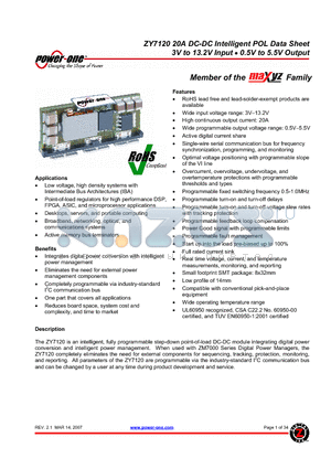 ZY7120HG-T2 datasheet - 20A DC-DC Intelligent POL Data Sheet 3V to 13.2V Input  0.5V to 5.5V Output