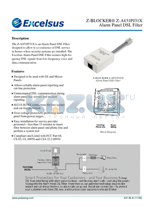 Z-A431PJ31X datasheet - Z-BLOCKER^ Z-A431PJ31X Alarm Panel DSL Filter