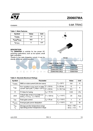 Z00607MA2BL2 datasheet - The Z00607MA is suitable for low power AC switching applications such as fan speed small light controllers