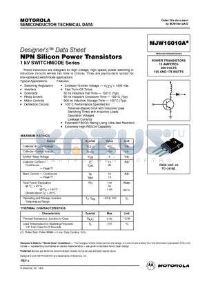 MJW16010A datasheet - POWER TRANSISTORS 15 AMPERES 500 VOLTS 125 AND 175 WATTS