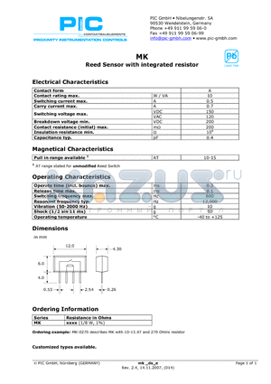 MK-0270 datasheet - Reed Sensor with integrated resistor