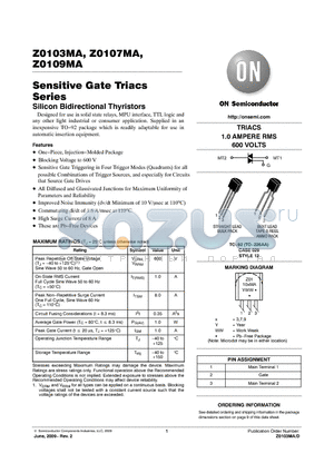 Z0103MARL1G datasheet - Sensitive Gate Triacs Series Silicon Bidirectional Thyristors