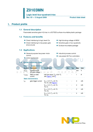 Z0103MN datasheet - Logic level four-quadrant triac