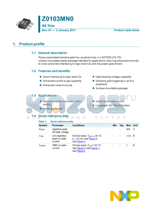 Z0103MN0 datasheet - 4Q Triac Direct interfacing to logic level ICs