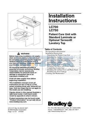 LC750 datasheet - Patient Care Unit Standard Laminate or Optional Terreon Lavatory Top