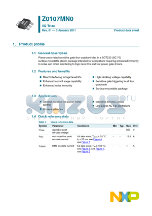 Z0107MN0135 datasheet - 4Q Triac General purpose low power motor control