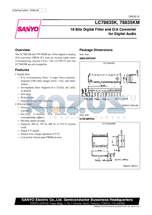 LC78835K datasheet - 18 Bits Digital Filter and D/A Converter for Digital Audio