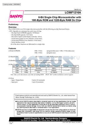 LC86F1216A datasheet - 8-Bit Single Chip Microcontroller with the 16K-Byte ROM and 1220-Byte RAM On Chip