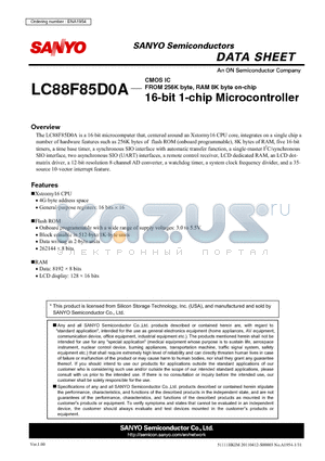 LC88F85D0A datasheet - FROM 256K byte, RAM 8K byte on-chip 16-bit 1-chip Microcontroller