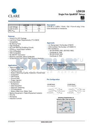 LCA126 datasheet - Single Pole OptoMOS Relays