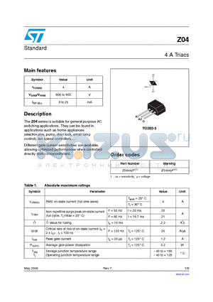 Z0405ME1AA2 datasheet - 4A TRIACS