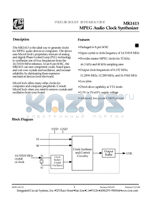 MK1413 datasheet - MPEG Audio Clock Synthesizer