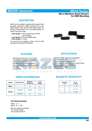 MK24-A-3 datasheet - Micro-Miniature Reed Sensors for SMD Mounting