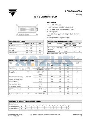 LCD-016M002A datasheet - 16 x 2 Character LCD