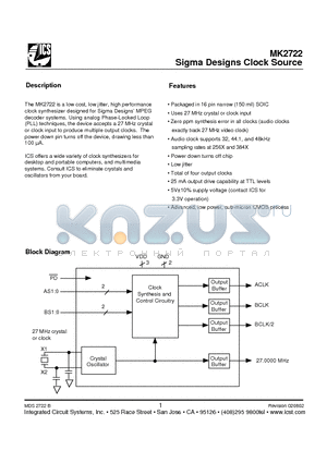 MK2722-01STR datasheet - Sigma Designs Clock Source