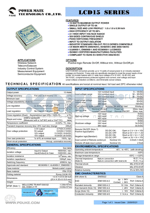 LCD15-48S05 datasheet - 15 WATTS MAXIMUM OUTPUT POWER