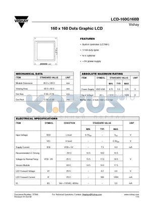 LCD160G160B datasheet - 160 x 160 Dots Graphic LCD
