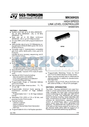 MK50H25 datasheet - HIGH SPEED LINK LEVEL CONTROLLER