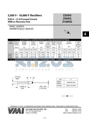 Z100SG datasheet - 2,500 V - 10,000 V Rectifiers (0.50 A - 1.5 A Forward Current 3000 ns Recovery Time)