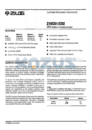 Z16C01 datasheet - CPU CENTRAL PROCESSING UNIT