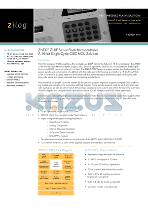 Z16F2810VH20SG datasheet - Z16F Series Flash Microcontroller A 16-bit Single-Cycle CISC MCU Solution