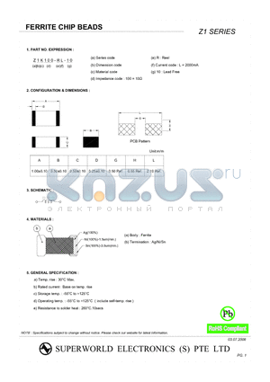 Z1K101-RL-10 datasheet - FERRITE CHIP BEADS