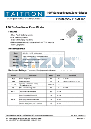 Z1SMA200 datasheet - 1.0W Surface Mount Zener Diodes