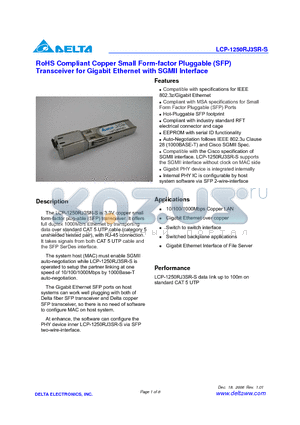 LCP-1250RJ3SR datasheet - RoHS Compliant Copper Small Form-factor Pluggable (SFP) Transceiver for Gigabit Ethernet with SGMII Interface