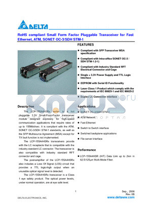 LCP-155A4HSRT datasheet - RoHS compliant Small Form Factor Pluggable Transceiver for Fast Ethernet, ATM, SONET OC-3/SDH STM-1