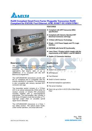 LCP-200A4HSRT datasheet - RoHS Compliant Small Form Factor Pluggable Transceiver RoHS Compliant for ESCON, Fast Ethernet, ATM, SONET OC-3/SDH STM-1