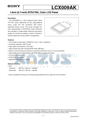 LCX009AK datasheet - 1.8cm (0.7-inch) NTSC/PAL Color LCD Panel