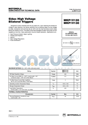 MKP1V130 datasheet - SIDACs 0.9 AMPERES RMS 110 thru 280 VOLTS