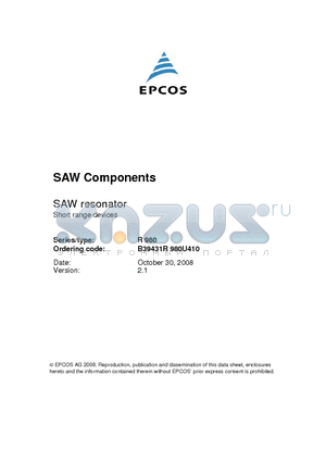 R980_08 datasheet - SAW Components SAW resonator Short range devices