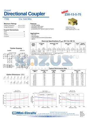 Z30-13-5-75 datasheet - Directional Coupler 75 5 to 1500 MHz