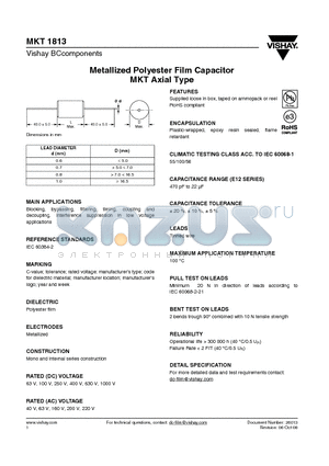 MKT1813 datasheet - Metallized Polyester Film Capacitor MKT Axial Type