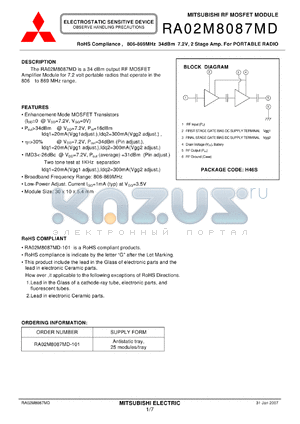 RA02M8087MD-101 datasheet - RoHS Compliance , 806-869MHz 34dBm 7.2V, 2 Stage Amp. For PORTABLE RADIO