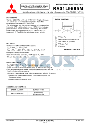 RA01L9595M datasheet - 952-954MHz 1.4W 3.3V, 2 Stage Amp. For RFID READER / WRITER