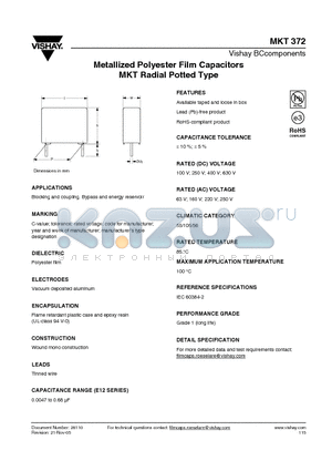 MKT372 datasheet - Metallized Polyester Film Capacitors MKT Radial Potted Type