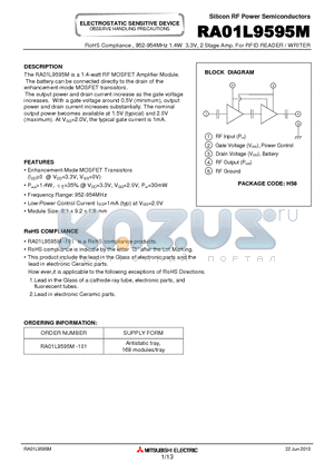 RA01L9595M datasheet - 952-954MHz 1.4W 3.3V, 2 Stage Amp. For RFID READER / WRITER