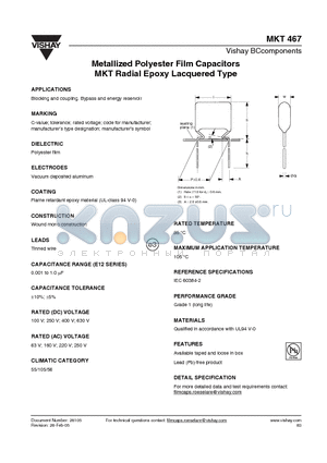 MKT467 datasheet - Metallized Polyester Film Capacitors MKT Radial Epoxy Lacquered Type