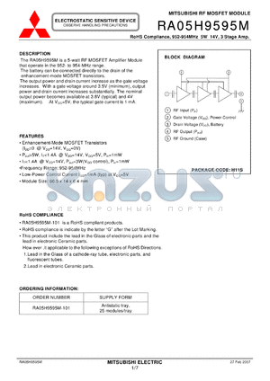 RA05H9595M-101 datasheet - RF MOSFET MODULE 952-954MHz 5W 14V, 3 Stage Amp.