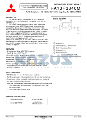 RA13H3340M datasheet - RoHS Compliance , 330-400MHz 13W 12.5V, 2 Stage Amp. For MOBILE RADIO
